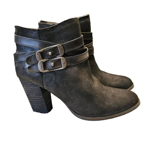 Reba Zania Leather Black Metalic  Harness Strap Buckle Booties  Western Boho Siz - Picture 1 of 7